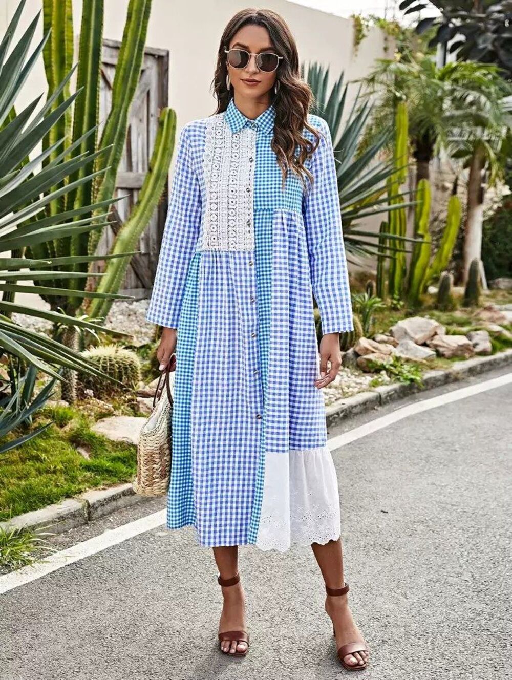 Cottagecore Gingham Blue & White Guipure Lace Panel Midi Dress Prairie Coastal